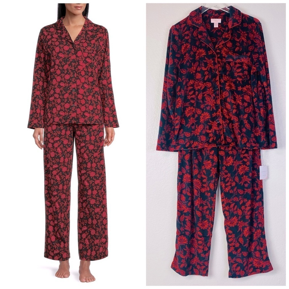 Cabernet Floral Print Long Sleeve Notch Collar Coordinating Soft PJ Set Size M